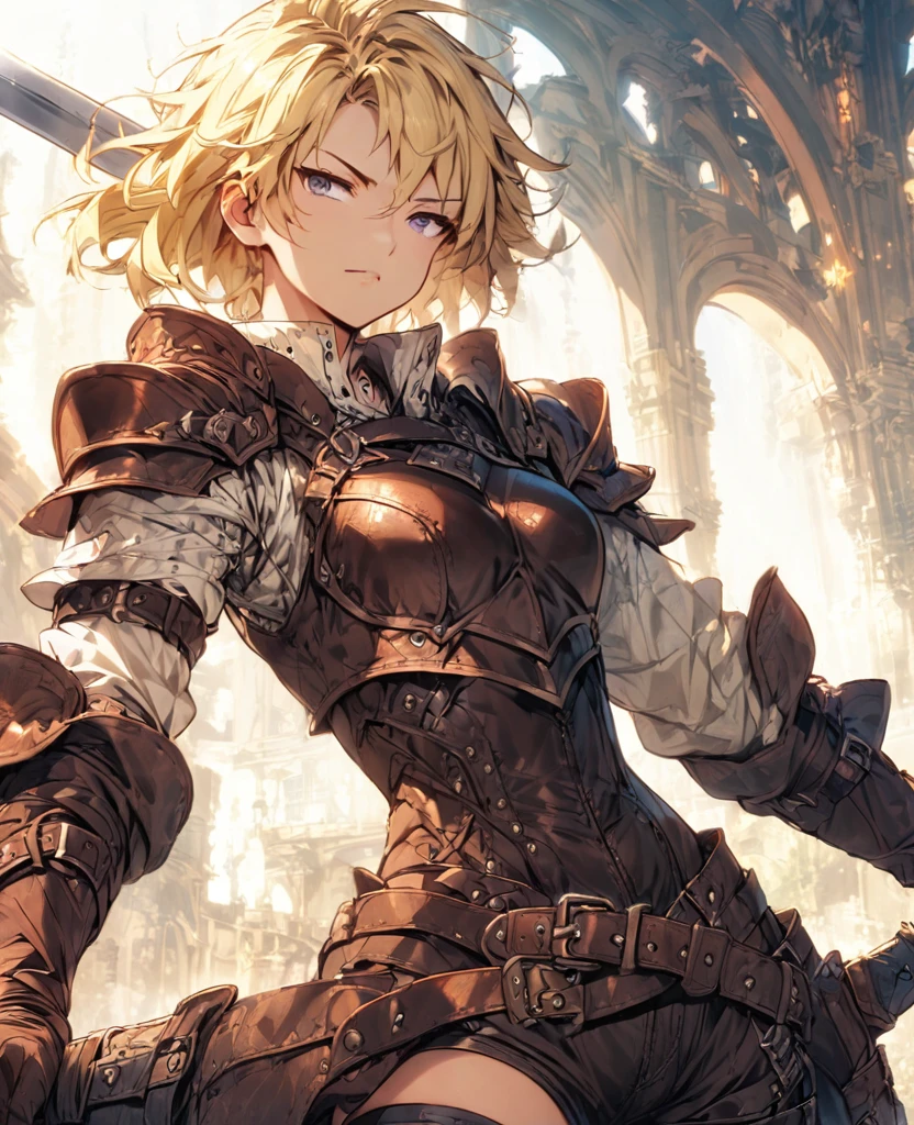 boyish Berry Short Slanted Eyes Thighs Blonde Swordsman Two-Way Short Dagger Leather Armor