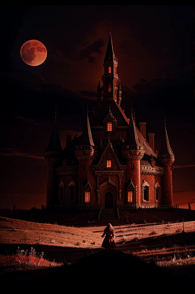 castle inspired by castlevania , blood Moon background, red night sky , crimson sky, blood Moon , castlevania