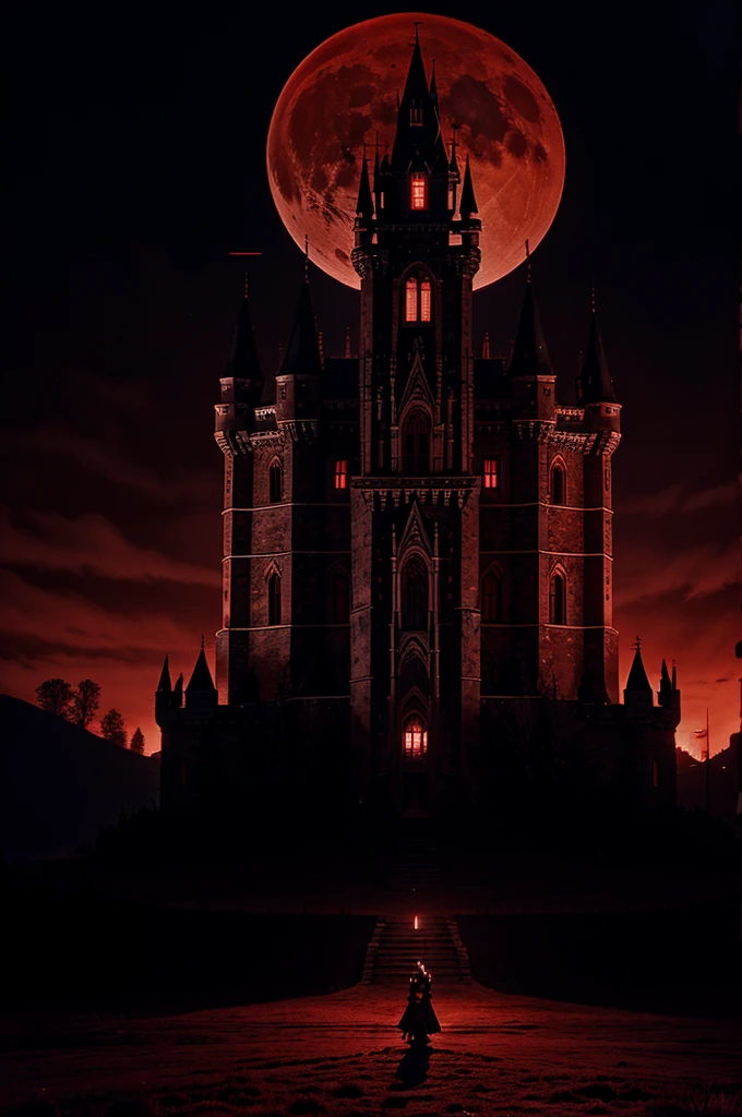 castle inspired by castlevania , blood Moon background, red night sky , crimson sky, blood Moon , castlevania