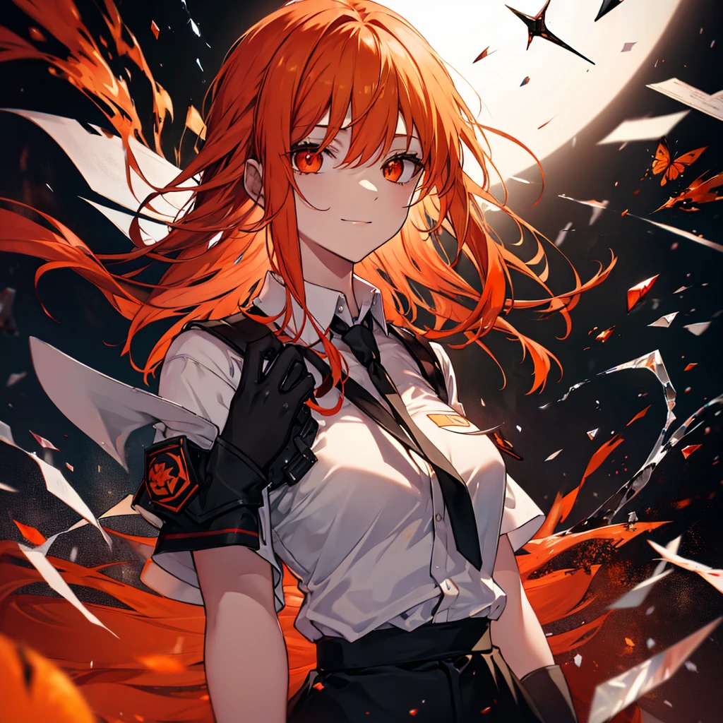 (((Makima))) (((Fantasy Orange Hair Long Hair Dull red eyes))) ((Black tie White Shirt)) ((gloves Creepy Smile)) (((Broken glass))) (star) Catch the wind autumn Shining Background Shining Edge