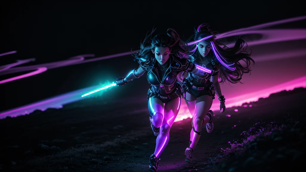 prince of darkness hold hand and running with a beautiful sultry female, that's glowing in the darkness, running through the futuristic battlefield, neon colors, high detail, long shot, wide shot, 4K, 3D, REALISTIC, (iridescent glow smoke), UHD, 32K, very bold neon colors, black light, neon light