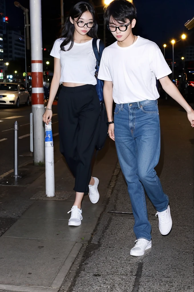18 year old Shanghai boy, he is ((oversized xxl blue plain T shirt)), wearing black pants, wearing sneakers, wearing glasses, night club, full body, (he is 한국 머리카락입니다) k pop style, black mask, walking