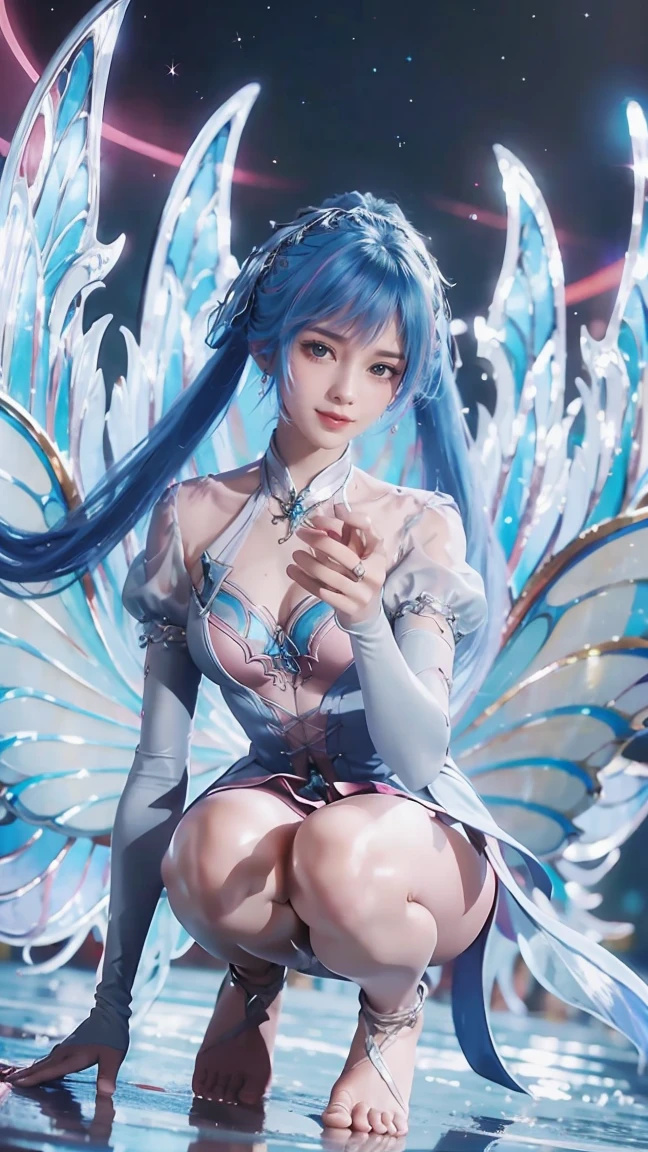 ((Biologically correct number of limbs))、(( Full body image（Including the face）))、4K、masterpiece、((Focus on the face))、((Symmetrical facial features))、The eyes are described in detail、Beautiful woman、Outstanding style、Beautiful arms、Beautiful legs、beautiful hands、(slim)、Facial details、Small earrings、necklace、(white shiny、Shiny dress、barefoot、radiant skin）Smile、（Beautiful legsのアップ）、Sweat，Starry Sky，Starry Sky背景，Deep View，above water，Double tail，Colored hair，Blue and Pink Ombre Hair，Bare legs，barefoot
