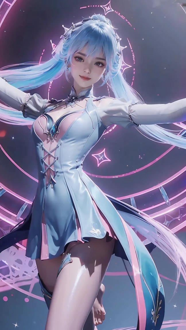 ((Biologically correct number of limbs))、(( Full body image(Including the face)))、4K、masterpiece、((Focus on the face))、((Symmetrical facial features))、The eyes are described in detail、Beautiful woman、Outstanding style、Beautiful arms、Beautiful legs、beautiful hands、(slim)、Facial details、Small earrings、necklace、(white shiny、Shiny dress、barefoot、radiant skin)Smile、(Beautiful legsのアップ)、Sweat,Starry Sky,Starry Sky背景,Deep View,above water,Double tail,Colored hair,Blue and Pink Ombre Hair,Bare legs,barefoot