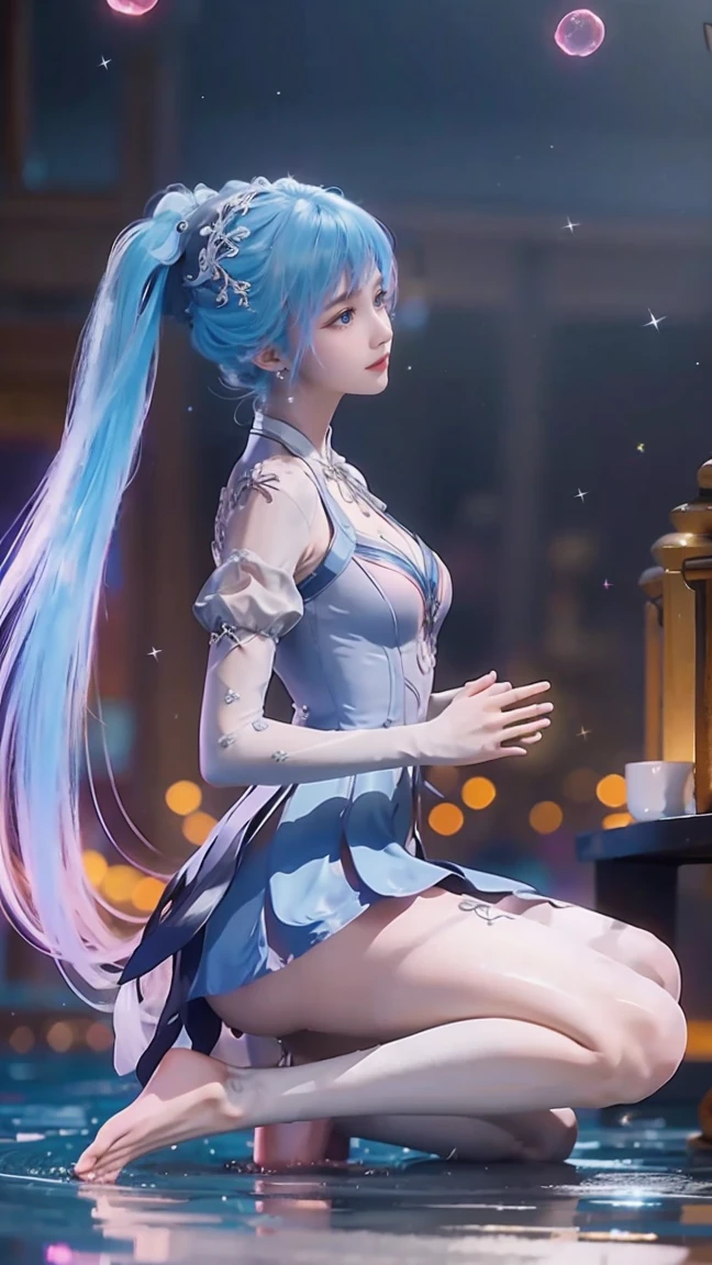 ((Biologically correct number of limbs))、(( Full body image(Including the face)))、4K、masterpiece、((Focus on the face))、((Symmetrical facial features))、The eyes are described in detail、Beautiful woman、Outstanding style、Beautiful arms、Beautiful legs、beautiful hands、(slim)、Facial details、Small earrings、necklace、(white shiny、Shiny dress、barefoot、radiant skin)Smile、(Beautiful legsのアップ)、Sweat,Starry Sky,Starry Sky背景,Deep View,above water,Double tail,Colored hair,Blue and Pink Ombre Hair,Bare legs,barefoot