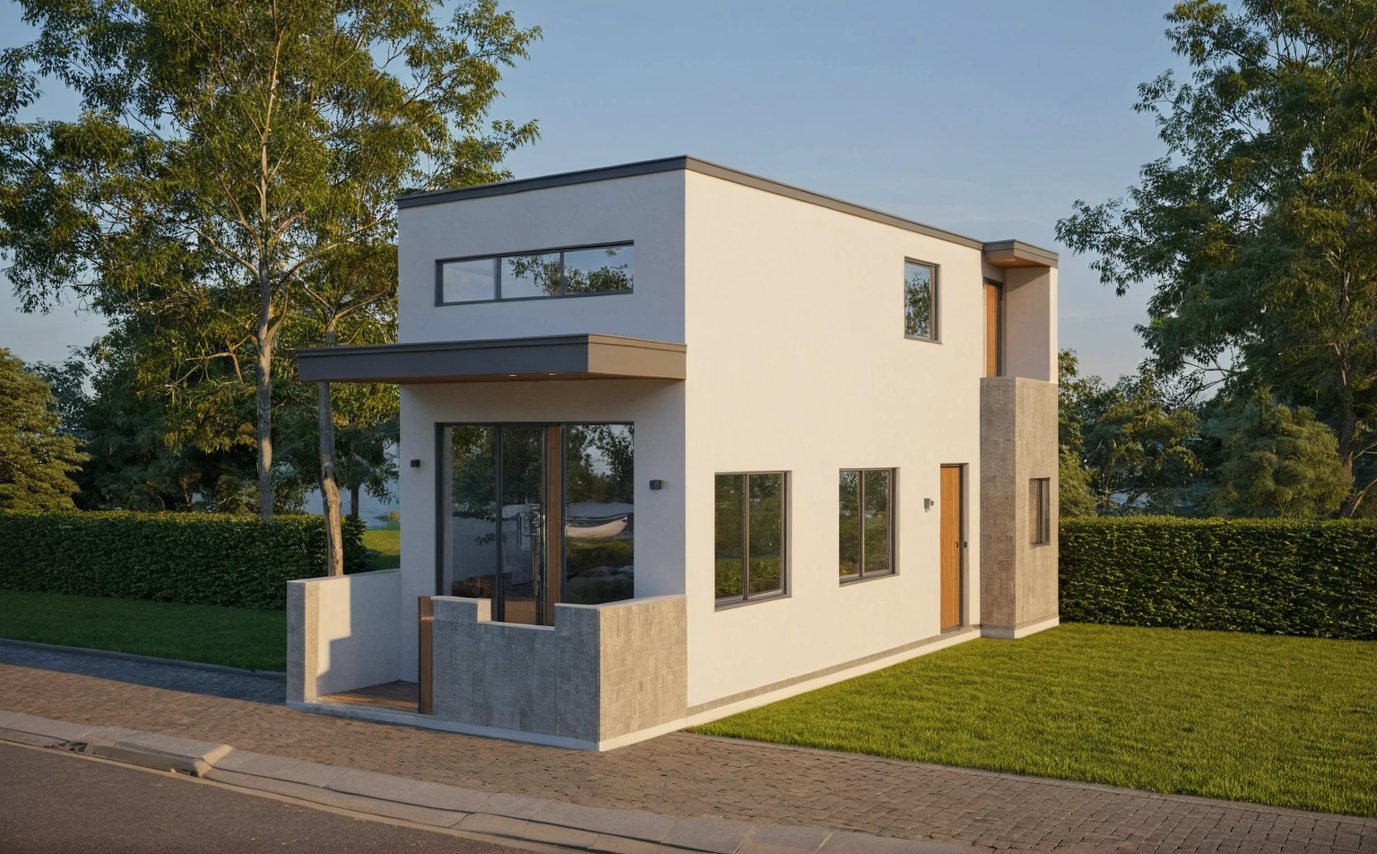 Raw photo,Masterpiece, high quality, best quality, authentic, super detail,
exterior, outdoors, house style modern on the street, glass windows, gate, brown wooden ceiling,
road,House on the corner of the street, pavement, trees, sky, cloud, (daylight:1.1)