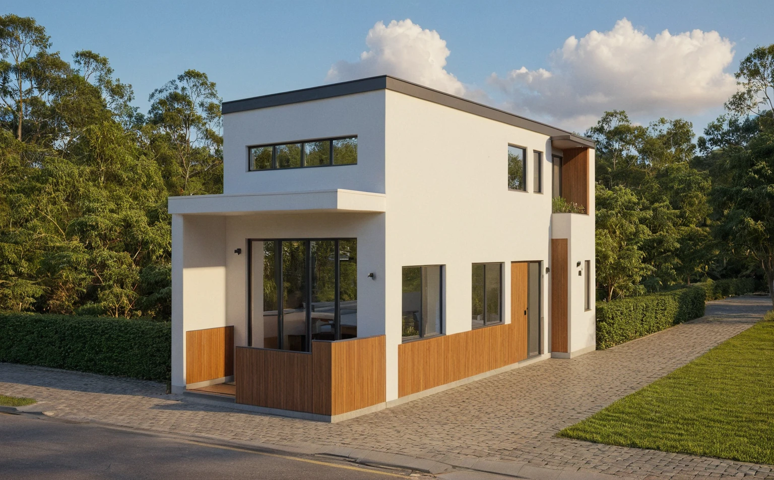 Raw photo,Masterpiece, high quality, best quality, authentic, super detail,
exterior, outdoors, house style modern on the street, glass windows, gate, brown wooden ceiling,
road,House on the corner of the street, pavement, trees, sky, cloud, (daylight:1.1)