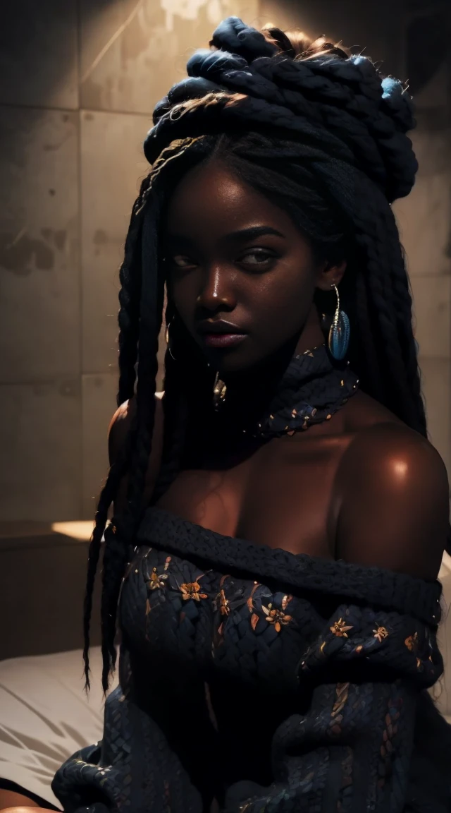 Upper body shot, ((beautiful black woman with flawless dark skin)), long hair with gradient blue glow, clearly defined facial features, big detailed eyes, ((( wearing an off the shoulder sweater))) glowing flowers in the background, masterpiece, best high quality image,96k, uhd, depth of field, 1080P wallpaper, spotlight, character focus, high quality, insanely detailed, UHD picture quality in the style of Amy Sol