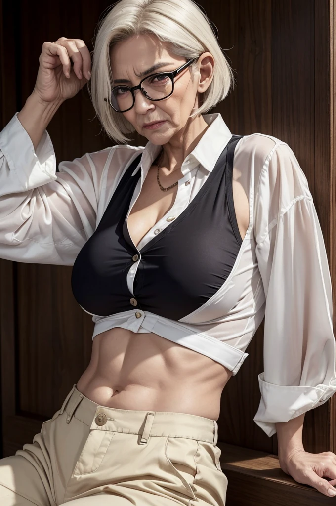 spectacled very short haircut older mature lady in unbuttoned silk fit stretched skimpy midriff-shirt, low-rise bellbottoms, infradito