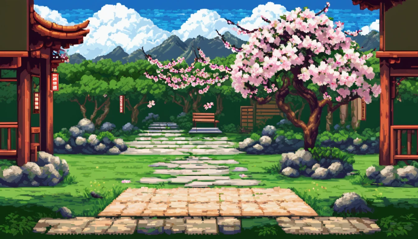 a japanese themed backyard with a sakura tree, a small patio set with one chair and small table, a white stone path and a flowering bush background multiple texture spritesheet, pop-art-and-cartoon-style themed, 2d side scroller game, front view, pixel art