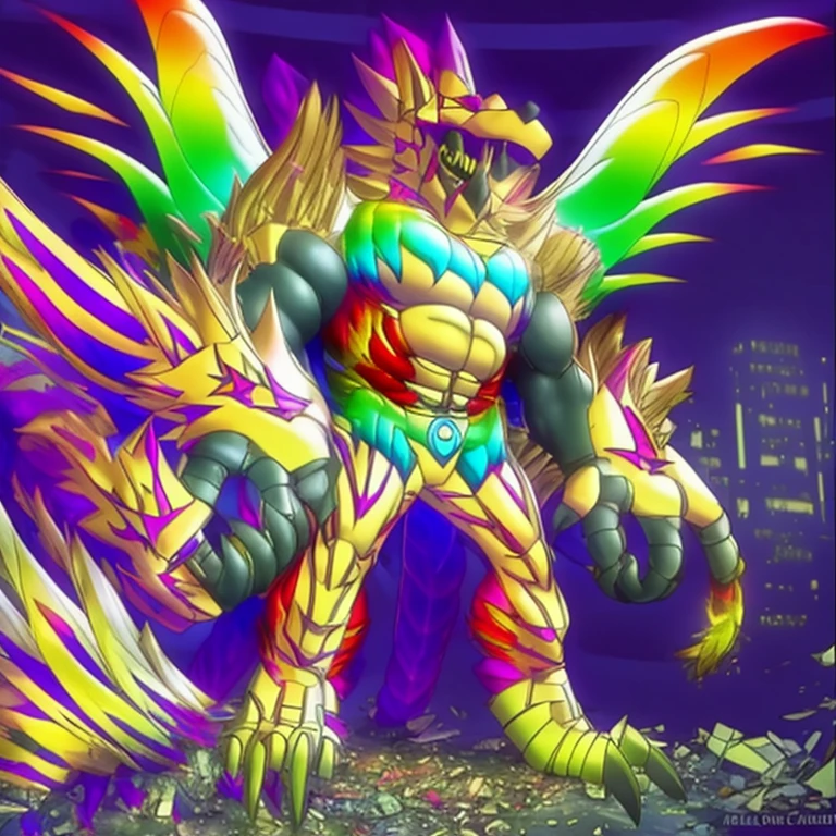 (masterpiece. official art. 8k. best quality. detailed full body. full body.)

(situation 1 : dominating The Phoenix Wolf. The Phoenix Wolf is over 1000 meters long. focus giant mechanical Muscular The Phoenix Wolf is trampling the car. Looking down.)

(situation 2 :smoke and flames rising from the destruction in the city)

(Additional details 1: Wearing golden Armor. Cape. Helmet. real texture material. whole body shines like metal. emphasizes the muscles. suit fully made of metal. Robotic suit. no face.).

(Additional details 1.5: The arms are golden. The lower half of the body is golden. The wolf-shaped helmet has sharp fangs. The whole body is golden. The chest area is also golden. There is a ring above the head.).

(Additional details 2: Detailed head. Detailed Body. Detailed abs. gigantic muscles. HYPER MUSCLES. Gigachad Muscular. big muscle. pecs. triceps. traps. unusually developed muscular body. body full of huge muscles. showing off muscles. pectorales enormes. Exaggeratedly huge muscles. huge muscles. long legs.).

(Additional details 3: Spread wings. It has wings. The claws are sharp. Sharp teeth.). He is laughing defiantly. The claws are sharp. Sharp teeth.). 

(Additional details 3.5 : nj5furry,  He is laughing defiantly. medieval armor.). 