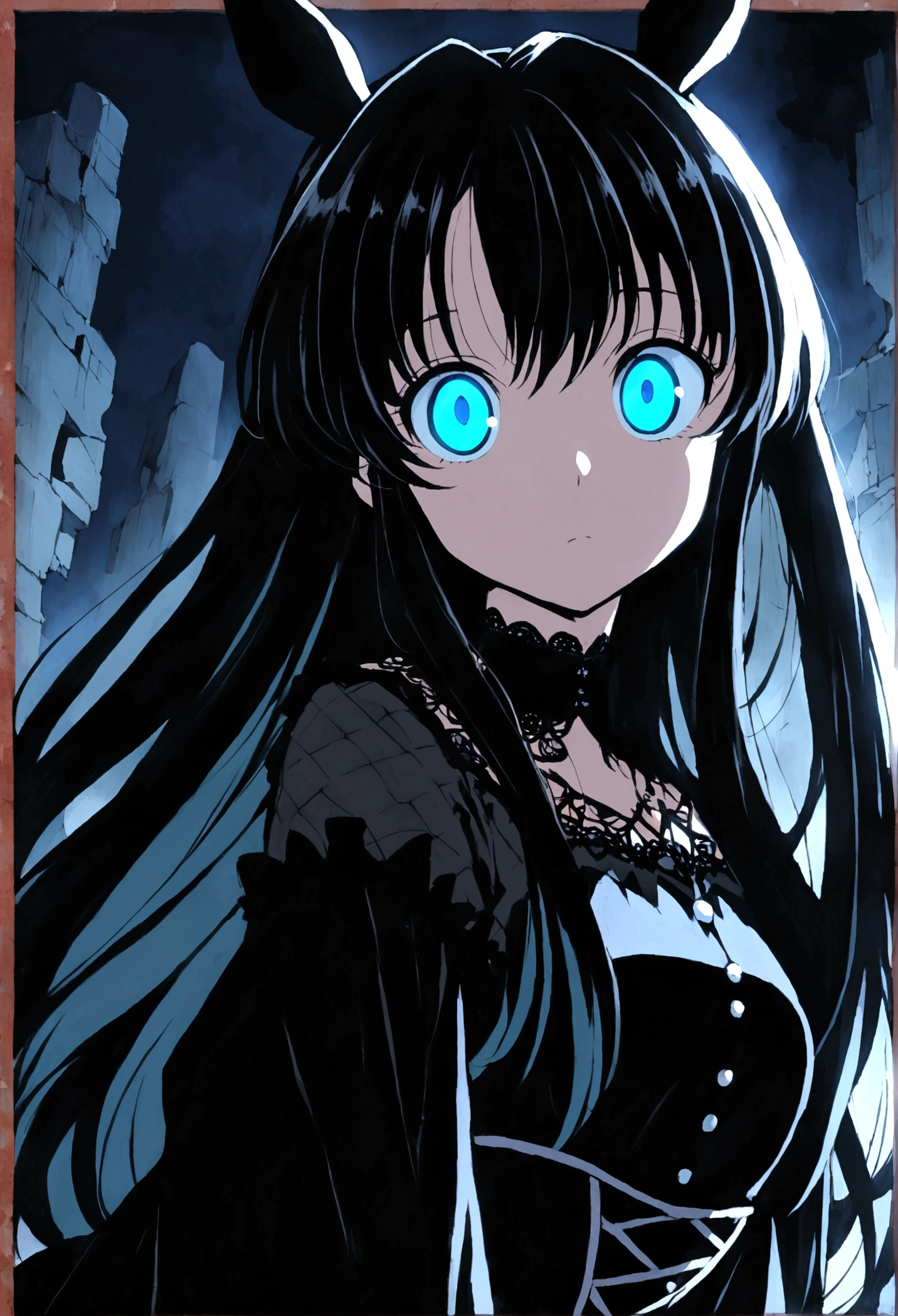 Anime girl with long black hair and blue eyes, Anime Moe Art Style, Gothic maiden anime girl, Gap Moe Yandere Grim Dark, Anime girl in a black dress, Ghostly eyes and dark hair, 1 7 - Year Old Anime Goth Girl, ufotable's art style, by Hitoshi Homura, Fate-like anime style/Stay Night, Long Hair Anime Girl In the ruins Decadent dark Gothic Horror Light blue eyes Horse ears Horse Girl
