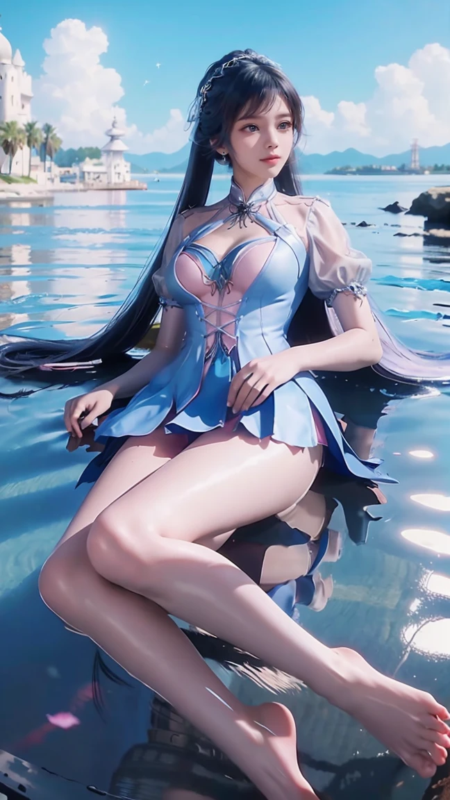 一个穿着连衣裙的女孩躺在Starry Sky下的床上,Exquisite smile,Beautiful and delicate eyes,Beautiful and delicate lips,Extremely detailed face and eyes,Long eyelashes,Full body,Flowing hair,belly button,best quality,excellent work,Super,(Reality:1.4),RAW photos,(Beautiful face:1.2),(Lying on the water:1.5),1 girl,(absurd),(8K), (4K),Octane Rendering,Starry Sky,((Full body view)),穿着水晶barefoot,Cross-legged,Double tail,Colored hair,Blue and Pink Ombre Hair,Smooth long legs,barefoot