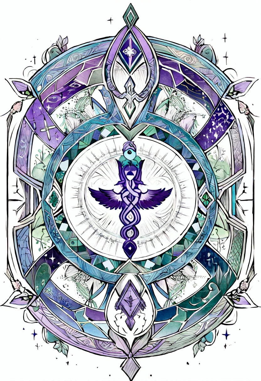 Tattoo design mandala tattoo minimalist, incorporating various healing symbols like the caduceus, the Om sign, and hearts. The mandala should have intricate, symmetrical patterns, with each quadrant representing different aspects of healing and balance. Use fine line work and a harmonious color palette of blues, greens, and purples. white background, coloring book style