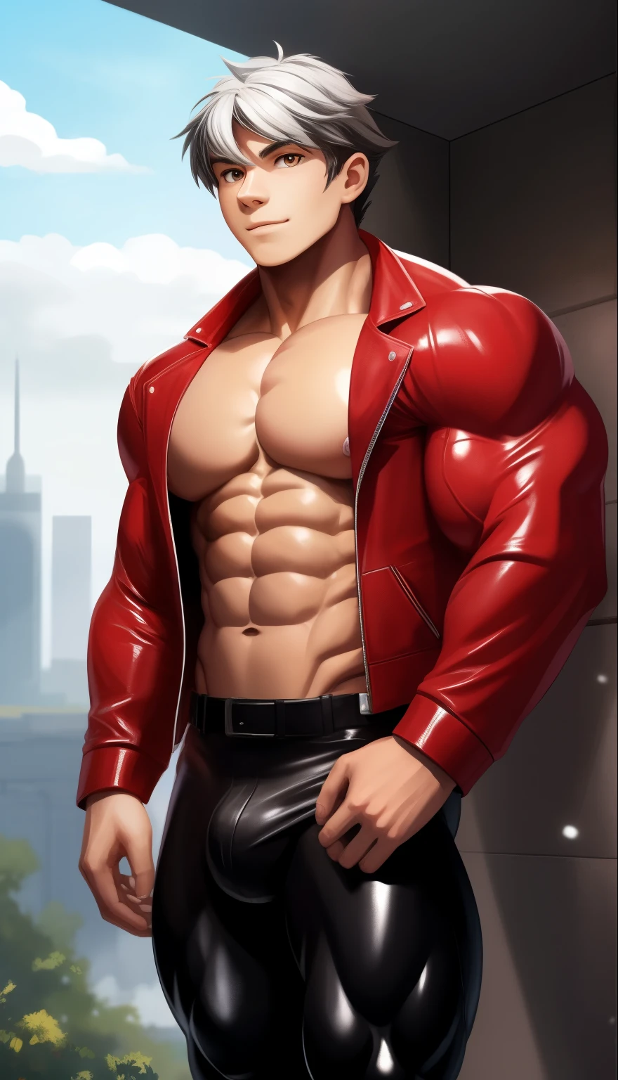 A ( face) 15 year old teen (15 yearsttractive boy, standing, full body. Mexican ethnicity. tanned skin, silver white hair, short hair bangs that fall on both sides of his youthful face. carefree expression, young man, alone, marked muscles, beautiful musculature, aesthetic stretch marks, inspiring physique, slender muscles, square pecs, beautiful V-cone, excellent abs and torso, chiseled abs, pectorals chiseled, perfect massive muscles, inflated muscles, voluminous pectorals, massive muscular body, a huge gigantic chest with a narrow waist, huge shoulders, ridiculously well-shaped large pecs, eight chiseled abs, (very toned and huge) with his military haircut and voluminous neck, narrow waist, golden eyes, young face, beautiful, young. Teen muscular young builder with extraordinary and firm back, chiseled muscles, rhomboid muscles, latissimus dorsi. Gigachad. He wears a red leather jacket (RED JACKET) that reaches the height of his ribs and is open. (Bare torso) and tight black leather pants, he does not use a belt. He is shirtless under his jacket, which highlights his prominent abs and pectorals. He doesn't wear a belt. His muscles stand out. Ruins of a Jedi temple background. Standing, full body. (((Back))) huge, firm and muscular thighs, round buttocks and round butt with back, huge ass ((firm buttocks)) with big butt. (((black leather pants))) (((Exposed muscular torso. Open leather jacket.))) (RED JACKET) (RED JACKET) (RED JACKET) (RED JACKET) (RED JACKET) (RED JACKET) (RED JACKET) (RED JACKET)