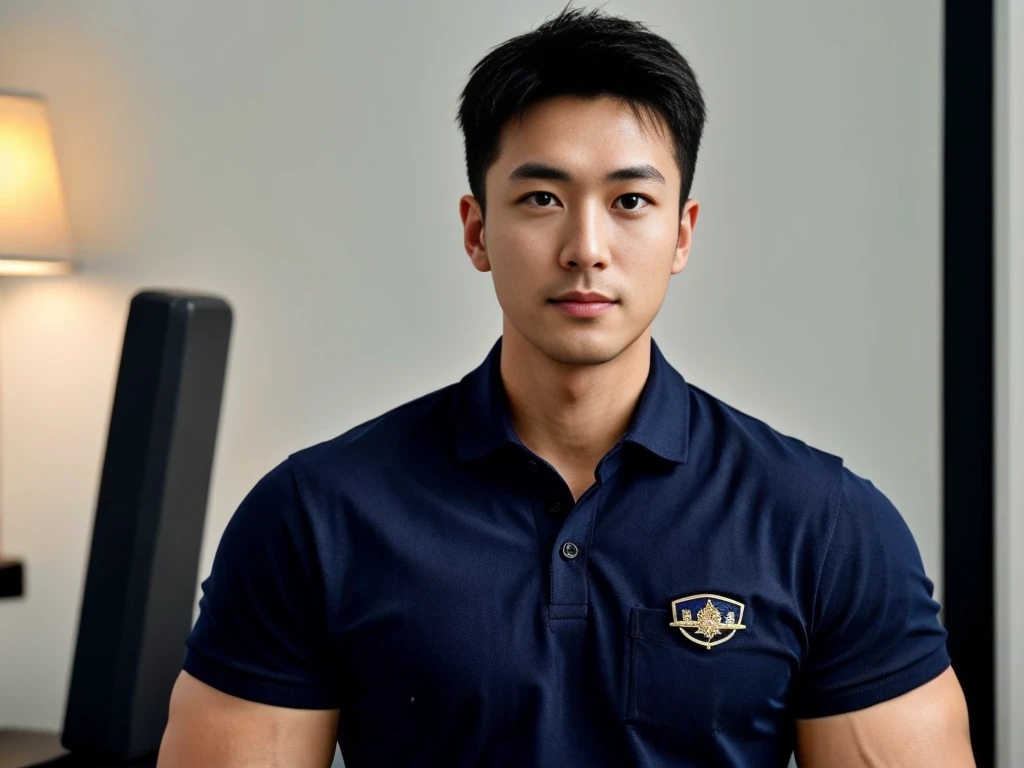 A male police officer in his 20s poses for a group photo., Wear a navy blue polo shirt., high resolution, Masterpiece, best quality, head:1.3,, Smooth and fine skin, clear focus, (movie light), during the night, gentle light, Dynamic angle, (detailed face:1.2), (((exercise))), sport, His arm muscles were very big., hand in crotch, in his office