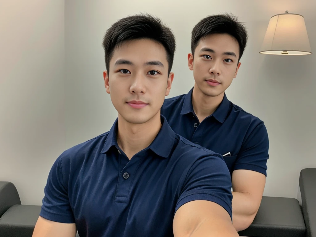 A male police officer in his 20s poses for a group photo., Wear a navy blue polo shirt., high resolution, Masterpiece, best quality, head:1.3,, Smooth and fine skin, clear focus, (movie light), during the night, gentle light, Dynamic angle, (detailed face:1.2), (((exercise))), sport, His arm muscles were very big., hand in crotch, in his office