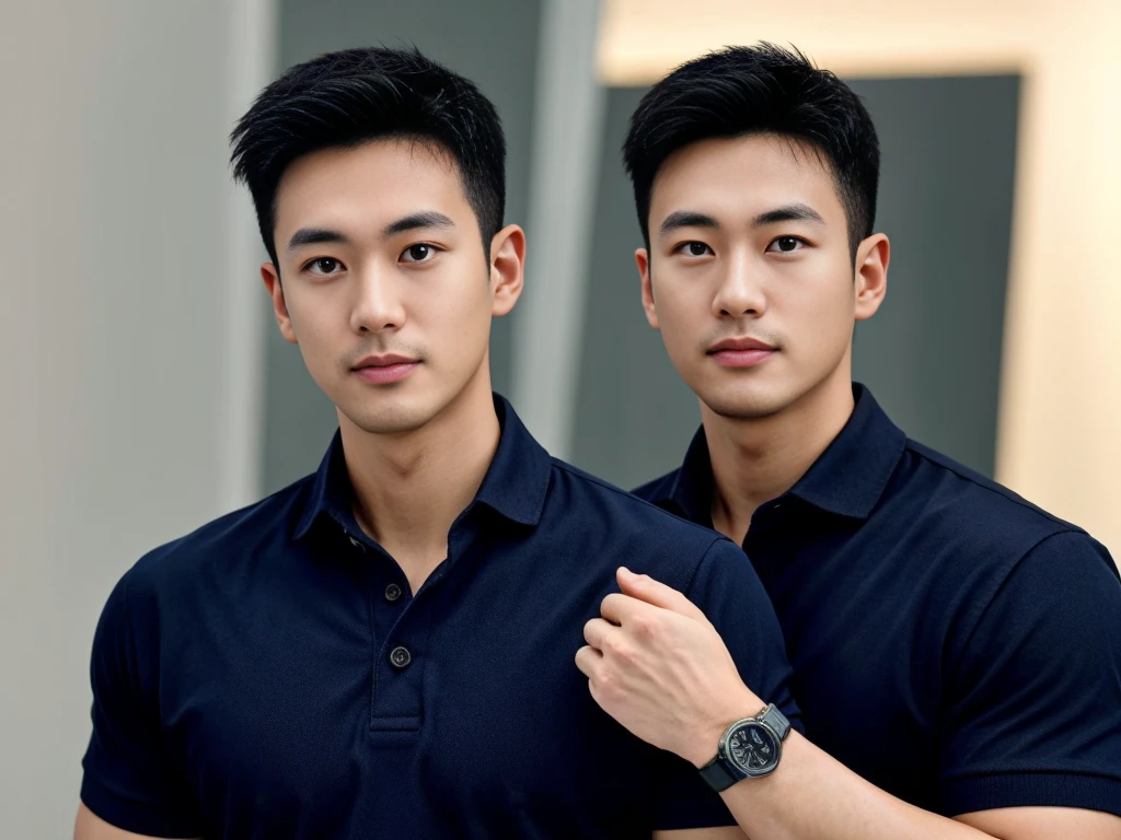 A male police officer in his 20s poses for a group photo., Wear a navy blue polo shirt., high resolution, Masterpiece, best quality, head:1.3,, Smooth and fine skin, clear focus, (movie light), during the night, gentle light, Dynamic angle, (detailed face:1.2), (((exercise))), sport, His arm muscles were very big., hand in crotch, in his office