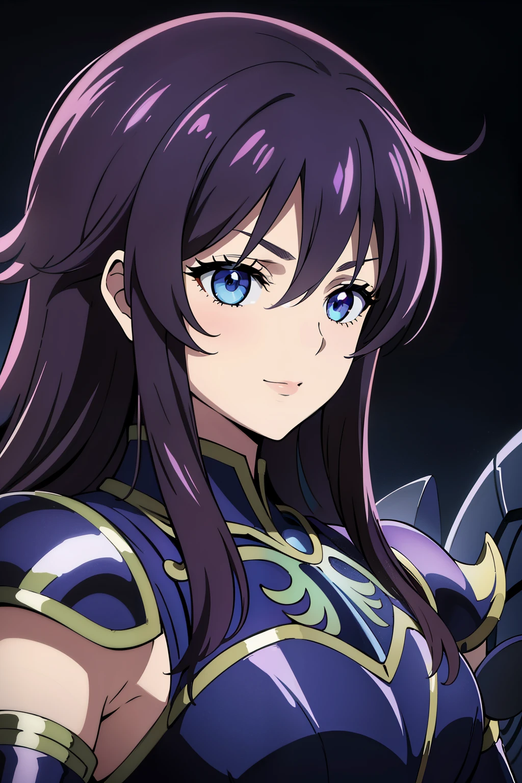 (high-quality, breathtaking),(expressive eyes, perfect face) portrait, Symmetrical Eyes, 1girl, female, solo, adult, blue hair color, green purple coloured eyes, medium hair length, side bangs, fluffy hair, looking at viewer, portrait, black background, narrow eyes, soft eerie blue lighting background, rock terrain background, Hades Armor, Hypnos Saint Seiya Armor, Thanatos Saint Seiya Armor, Dark Purple Armor, trim, full plate, feminine face, cute smile, half body shot, Ethlyn
