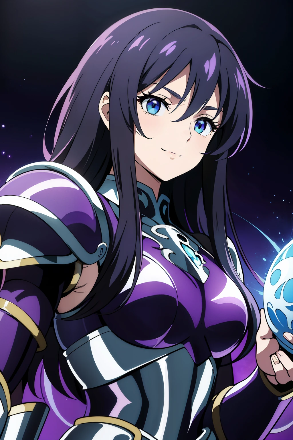 (high-quality, breathtaking),(expressive eyes, perfect face) portrait, Symmetrical Eyes, 1girl, female, solo, adult, blue hair color, green purple coloured eyes, medium hair length, side bangs, fluffy hair, looking at viewer, portrait, black background, narrow eyes, soft eerie blue lighting background, rock terrain background, Hades Armor, Hypnos Saint Seiya Armor, Thanatos Saint Seiya Armor, Dark Purple Armor, trim, full plate, feminine face, cute smile, half body shot, Ethlyn
