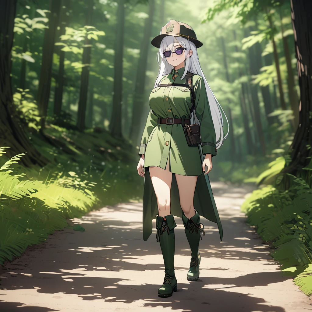 A woman wearing a forest ranger uniform, moss green uniform, ranger hat, walking on a dirt road in a forest, green boots, wearing sunglasses, white hair, long hair, purple eyes, smiling, big breasts , place by day.
UHD , prime work , accurate , anatomically correct , textured skin , super details , high quality , best quality, 8k, high resolution, bokeh effect. (woman alone)