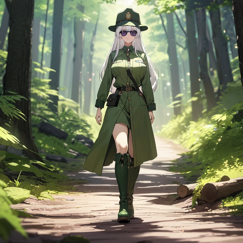 A woman wearing a forest ranger uniform, moss green uniform, ranger hat, walking on a dirt road in a forest, green boots, wearing sunglasses, white hair, long hair, purple eyes, smiling, big breasts , place by day.
UHD , prime work , accurate , anatomically correct , textured skin , super details , high quality , best quality, 8k, high resolution, bokeh effect. (woman alone)