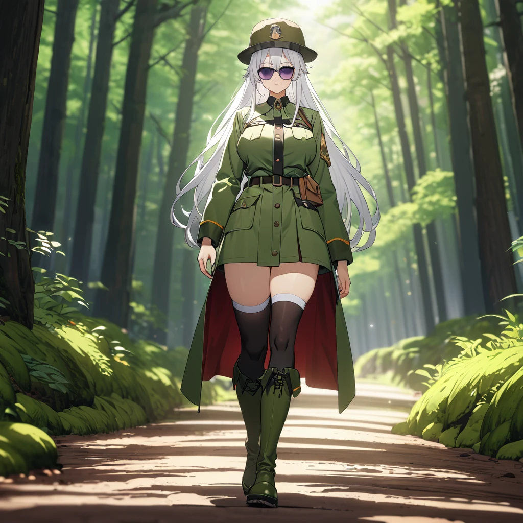 A woman wearing a forest ranger uniform, moss green uniform, ranger hat, walking on a dirt road in a forest, green boots, wearing sunglasses, white hair, long hair, purple eyes, smiling, big breasts , place by day.
UHD , prime work , accurate , anatomically correct , textured skin , super details , high quality , best quality, 8k, high resolution, bokeh effect. (woman alone)