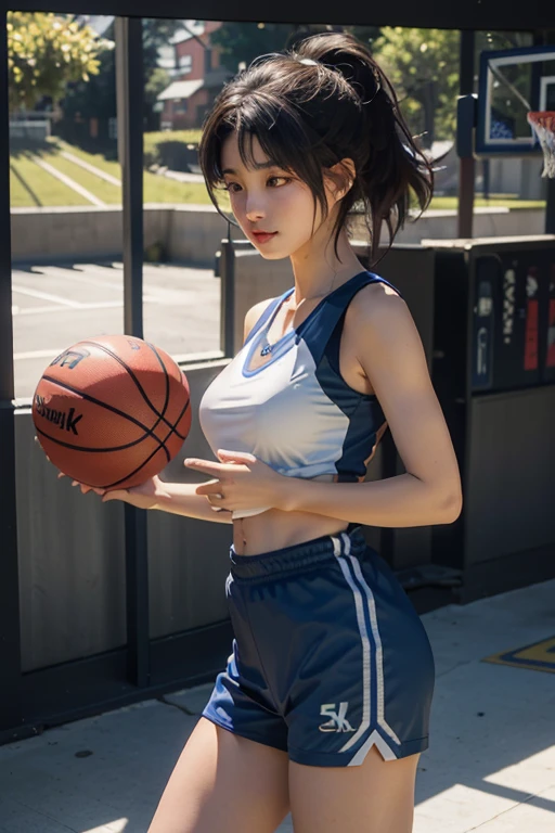 (RAW photos, 4K, masterpiece, high resolution, Extremely complex) (Practical: 1.4), Light 1 Girl, Focus only, Summer Noon, hot, 1990s\(style\), (best quality), (high resolution), (Extremely delicate and beautiful),,(Beautiful 8k face),(Brown eyes),(ulzzang-6500:1.0),(Solitary),(Looking side),( audience),(Large Breasts),(nba),completion,,lookside,(side), ,(Basketball sportswear),((play basketball)),((Gym)),((speed)),(Reality),