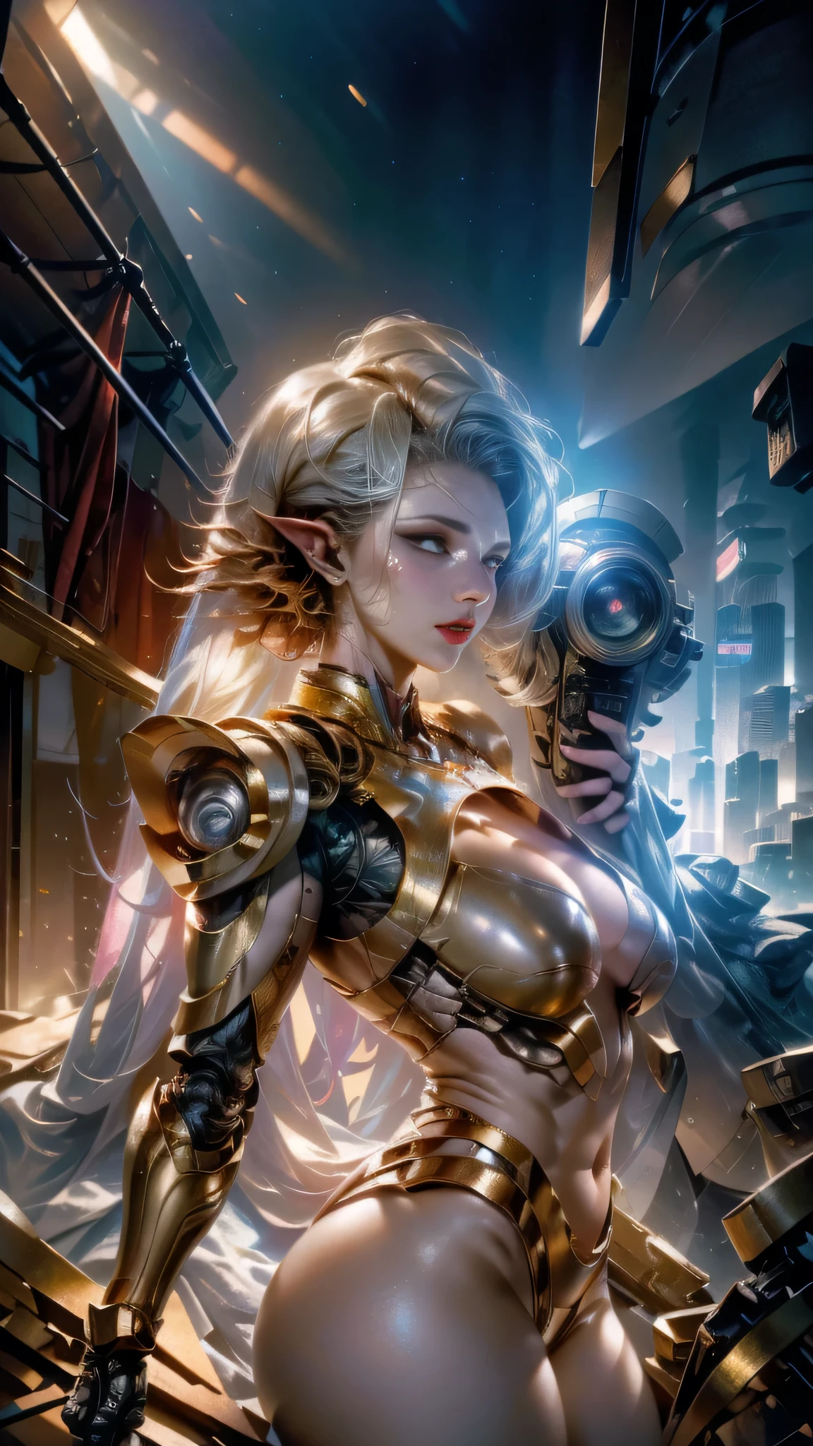 RAW, Masterpiece, Ultra Fine Photo,, Best Quality, Ultra High Resolution, Photorealistic, Sunlight, Full Body Portrait, Stunningly Beautiful,, Dynamic Poses, Delicate Face, Vibrant Eyes, (Side View) , she is wearing a futuristic Iron Man mech, red and gold color scheme, highly detailed abandoned warehouse background, detailed face, detailed and complex busy background, messy, gorgeous, milky white, high detailed skin, realistic skin details, visible pores , sharp focus, volumetric fog, 8k uhd, dslr camera, high quality, film grain, fair skin, photorealism, lomography, sprawling metropolis in futuristic dystopia, view from below, translucent
