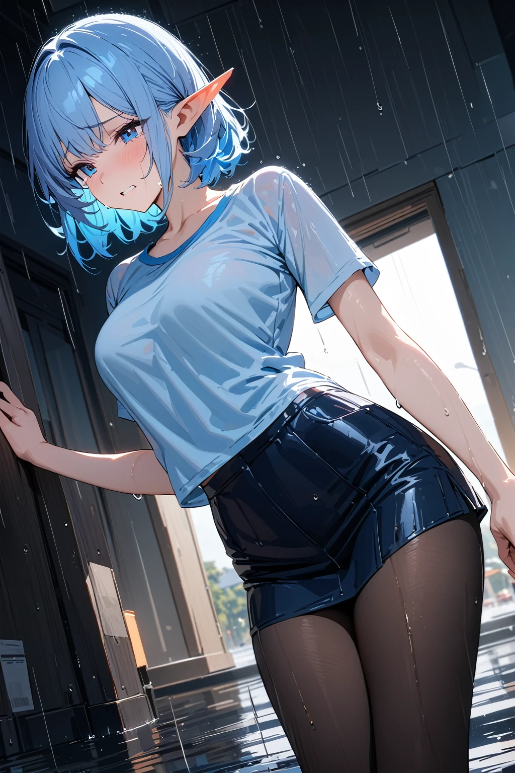 (masterpiece, best quality:1.5), (ultra detailed, high resolution, 8k, beautiful detailed, UHD, best anatomy), pale blue hair, medium breasts, 1 cool elf, long Y-shirt, frill short skirt, Leggings, crying, It's raining, Rain soaked my whole body and clothes