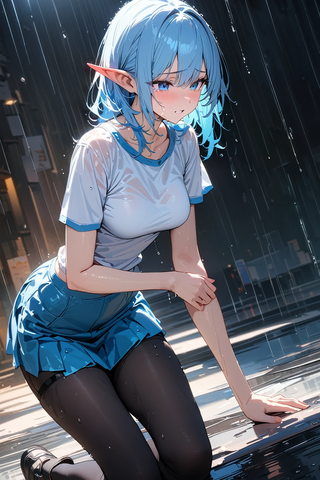 (Small breasts)、、Slender beautiful girl、Blue Hair、Embarrassed、Full nudity、A large amount of  spurting out from between her legs、Soaking wet、A lot of white fluid in the body、Breast milk spurting out、orgasm、On all fours、Hands on the floor