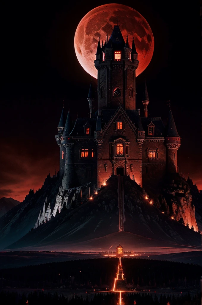 castle inspired by castlevania , blood Moon background, red night sky , crimson sky, blood Moon , castlevania , futurist , up a mountain , rocky mountain , futurist