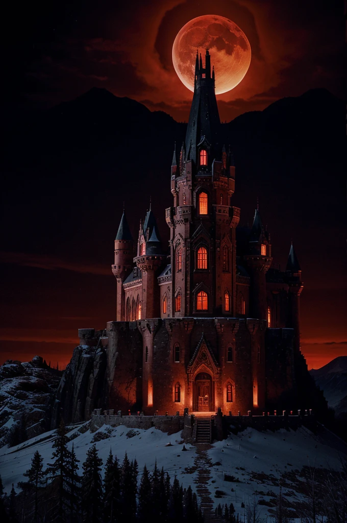 castle inspired by castlevania , blood Moon background, red night sky , crimson sky, blood Moon , castlevania , futurist , up a mountain , rocky mountain , futurist