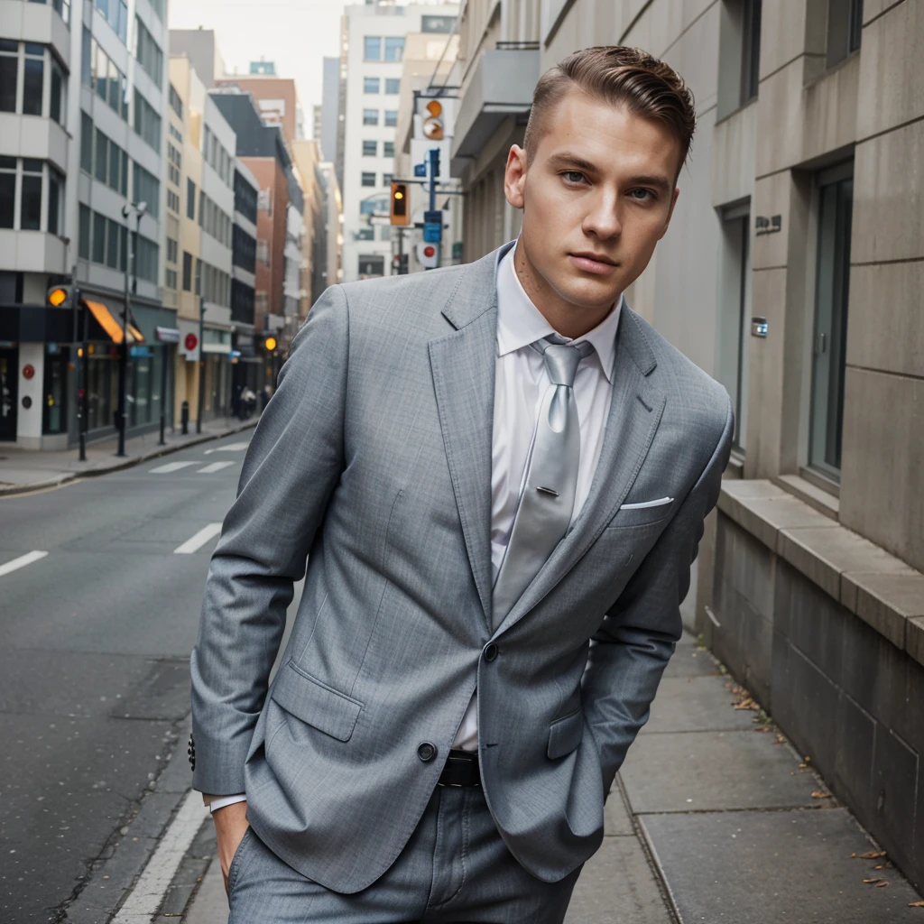 white man in a suit and tie standing on a city street, Perfect face, classic clothing with jeans with a suit and tie, well dressed, in suit, raphael personnaz, wears a suit, profile headshot, wears a business suit shaved hair, short hair, caucasian white, 20 years