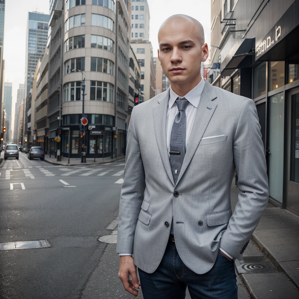 white man in a suit and tie standing on a city street, Perfect face, classic clothing with jeans with a suit and tie, well dressed, in suit, raphael personnaz, wears a suit, profile headshot, wears a business suit shaved hair, short hair, caucasian white, 20 years