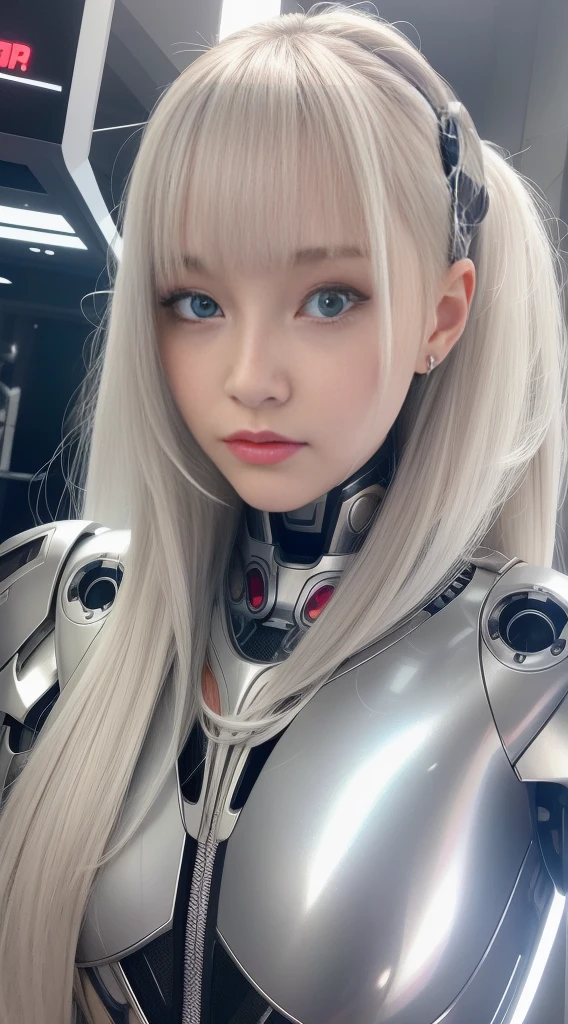 Close up of woman in silver suit posing for photo, Female robot, Beautiful girl cyborg, Girl in Mecha Cyber Armor, Cyborg - Girl, gynoid cyborg body, Beautiful white girl cyborg, Cyborg girl, Cute cyborg girl, ( ( Robot Cyborg ) ), perfect android girl, young lady cyborg, Female Cyborg