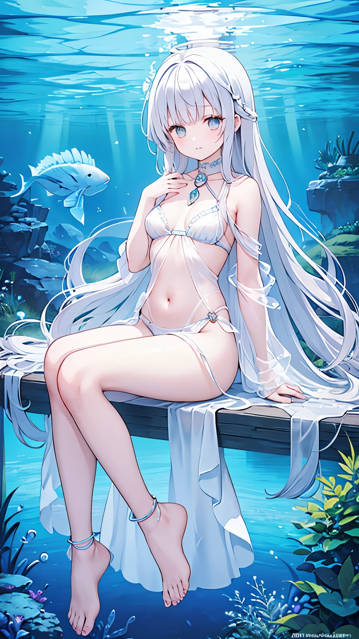 Name: Namika, the Tides Shaper
Element: AQUASCEND
Description: A serene mermaid-like being with flowing black hair adorned with pearls and sea shells. Namika is the guardian of the deepest ocean trenches, mastering the skills of manipulating tides and currents to protect her underwater realm.
Prompt: ((((Obra maestra, La mejor calidad, ultrahigh resolution)))), 1girl, calm, sitting, ((long curly hair, black with pearl highlights)), thoughtful expression, slim build, aquamarine skin, ((young grey inner eyes mimicking the waters depths)), enchanted jewellery, long graphic tail, (white fin on back), (wearing woven coral and pearl armour), holding a trident, (Pose: Cross-legged, one hand aglowing with shallow water over it), vibrant underwater flora in background, volumetric water lighting, (Offscreen gem scale reflecting ethereal colours), 260 years old, staring off into distance, (((contemplative))), basically rendered, ((high definition))