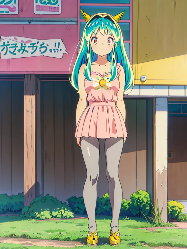 masterpiece, Highest quality, 1 Girl, Lum, Pink Bunny Girl,  anime, Charm, 18-year-old,  Standing pose, Grey pantyhose, High definition, From before, Green Hair, 1980年代animeスタイル, Cowboy Shot