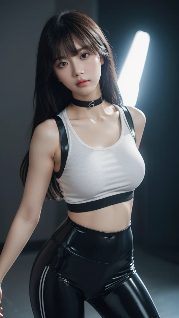 grey background blank, girl, ulzzang, fit body, healthy skin, long hair with bangs, black latex leggings with reflective effect, white tanktop shirt, bomber jacket, choker, standing pose, professional model, beautiful, big boob, high detailed face, amateur taken style photo, high detailed anatomy, high detailed texture images, flash light comes from the front, realistic, cinematic shot, dynamic lighting, 75mm, Technicolor, Panavision, cinemascope, sharp focus, fine details, 8k, HDR, realism, realistic, key visual, film still, cinematic color grading, depth of field
