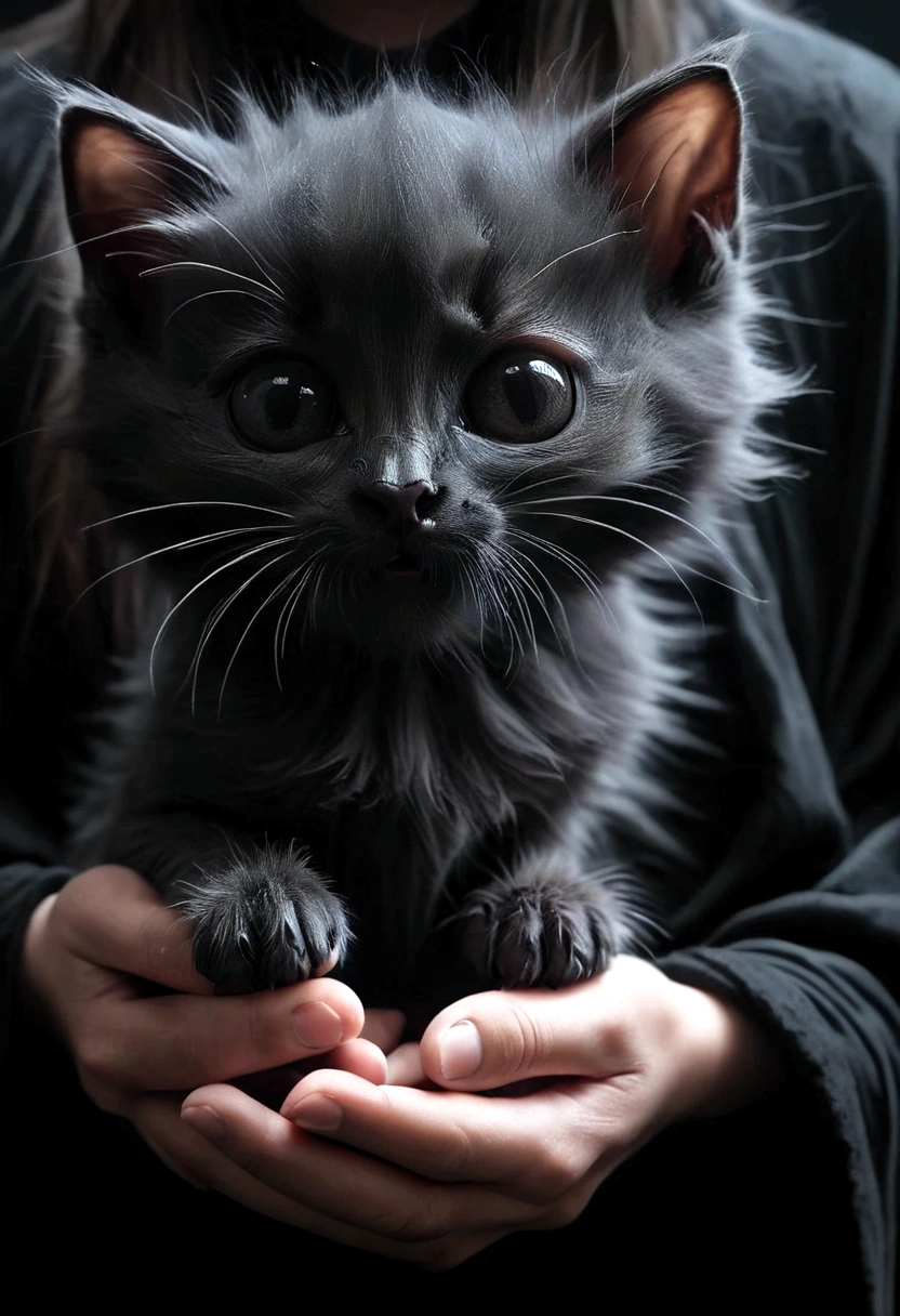 Create the most realistic death in a black robe in pitch black darkness holding real little kitten you can create,