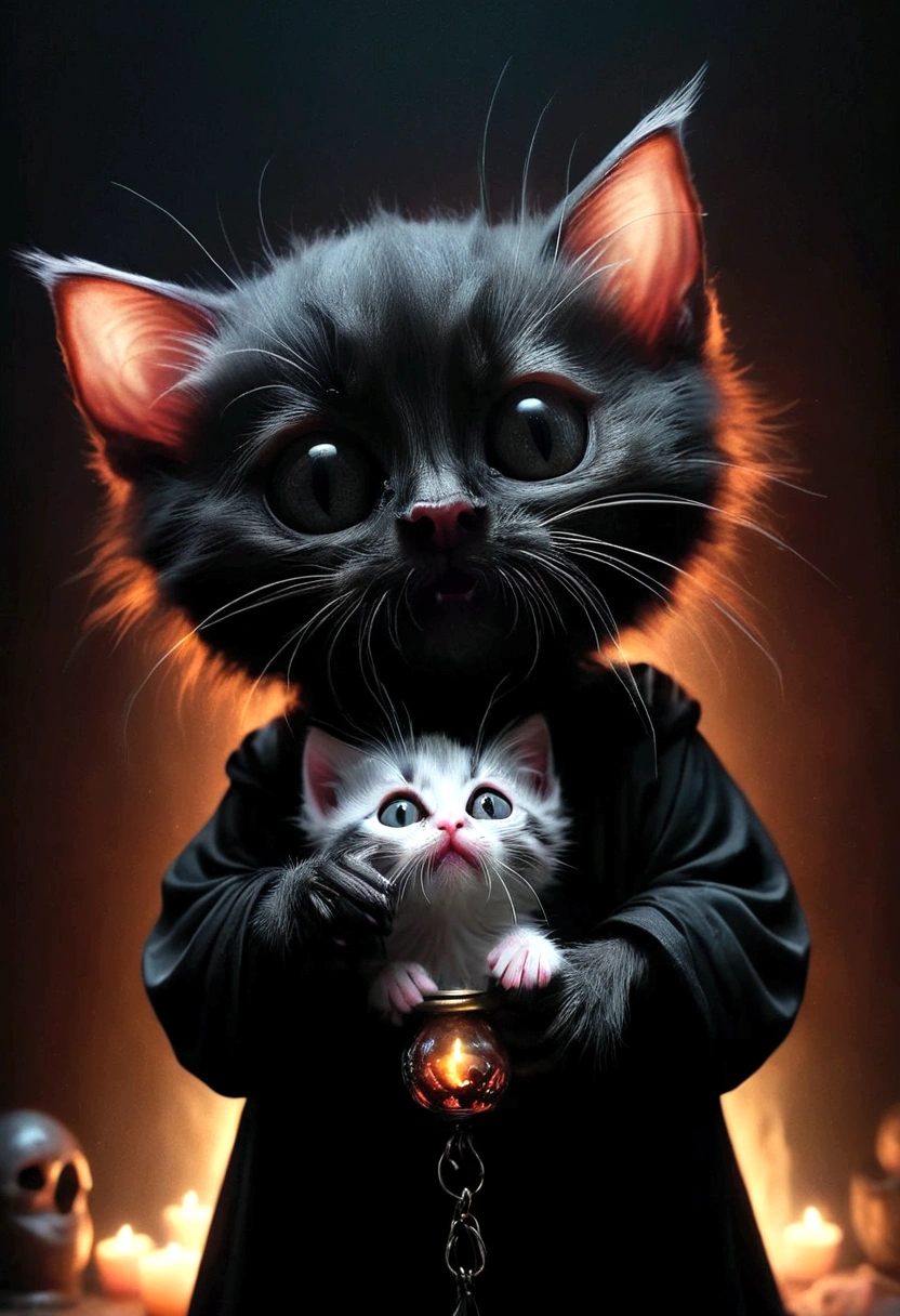 Create the most realistic death in a black robe in pitch black darkness holding real little kitten you can create,