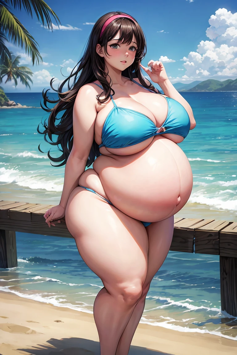 Highest quality, realistic anime style, solo, Obese young woman, tall, overweight, really fat, large natural breasts, pregnant belly, one navel, beautiful Chubby face, beautiful hair, bikini, standing, beach, dynamic pose, cute expression 