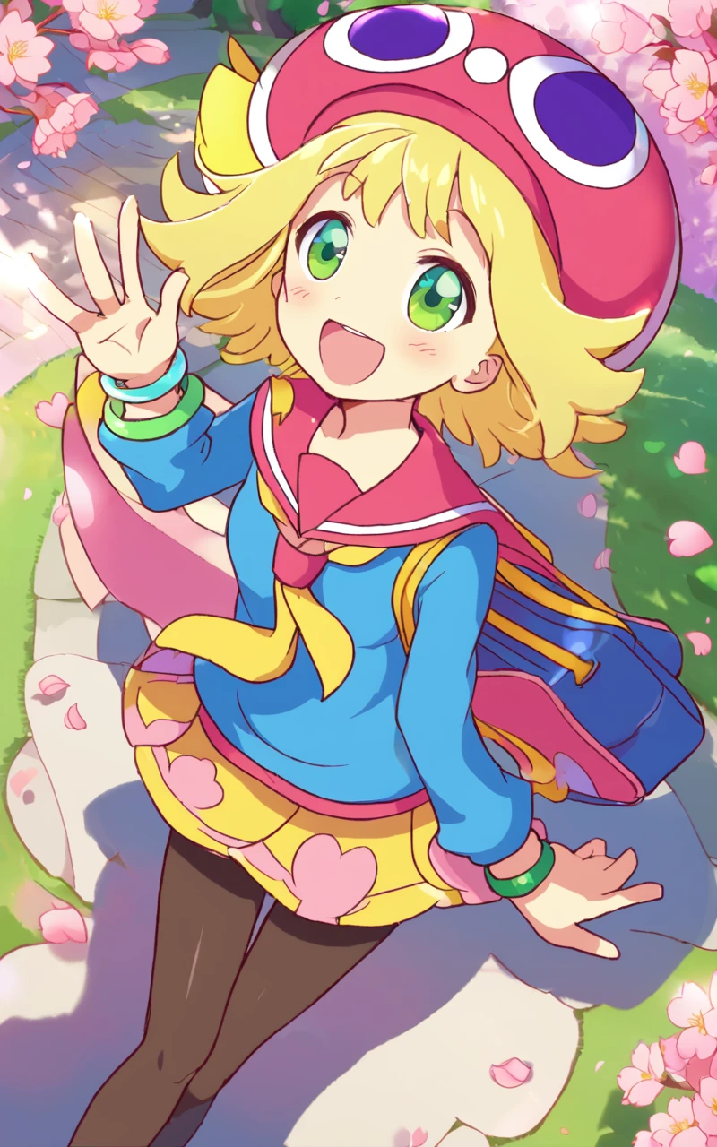 1girl amitie, cute, green eyes, blonde hair, short hair, bracelet, jewelry, hat,Chuckling, From a Distance, Overhead Shot, looking up, warm light sunset, rays light sparkles lens flare deep shadows, depth of field peerless scenery sentimental, Peachland, fantastic, (cherry blossoms), park, petals, wind, serafuku , navy long sleeve, sweater , yellow necktie , pantyhose, lowfers, school bag