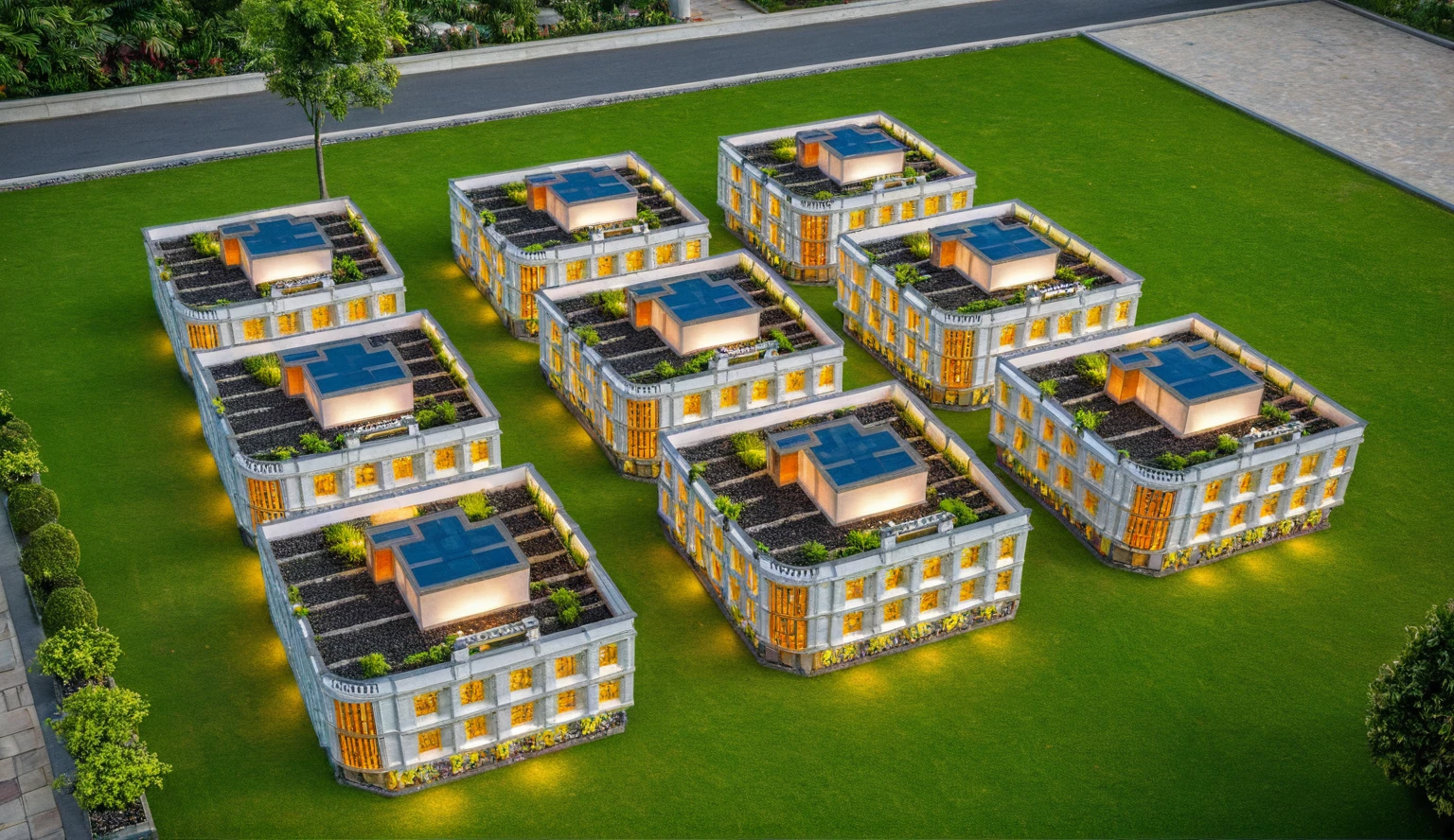 Masterpiece, high quality, best quality, authentic, super detail, outdoors, garden landscape, sunset, clear sky, house style modern, white wall, glass windows, gate road, pavement, grass, trees, blue sky, cloud, (day:1.1), realistic lighting