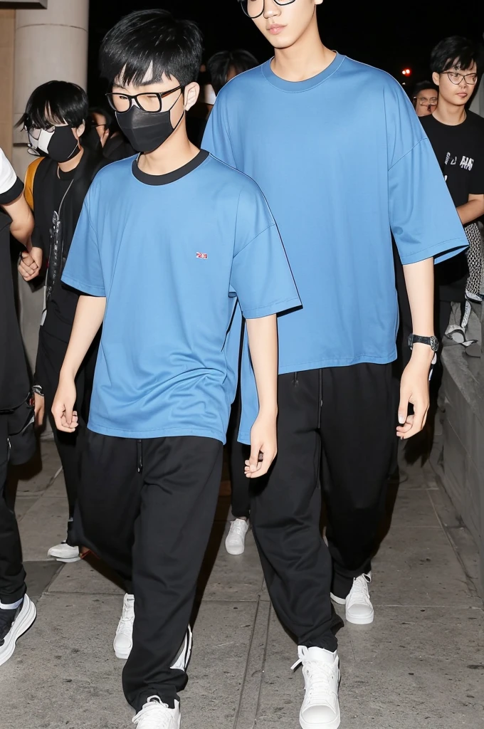 18 year old Shanghai boy, he is ((oversized xxl blue plain T shirt)), wearing black pants, wearing sneakers, wearing glasses, night club, full body, (he is 한국 머리카락입니다)  k pop style, black mask, walking 