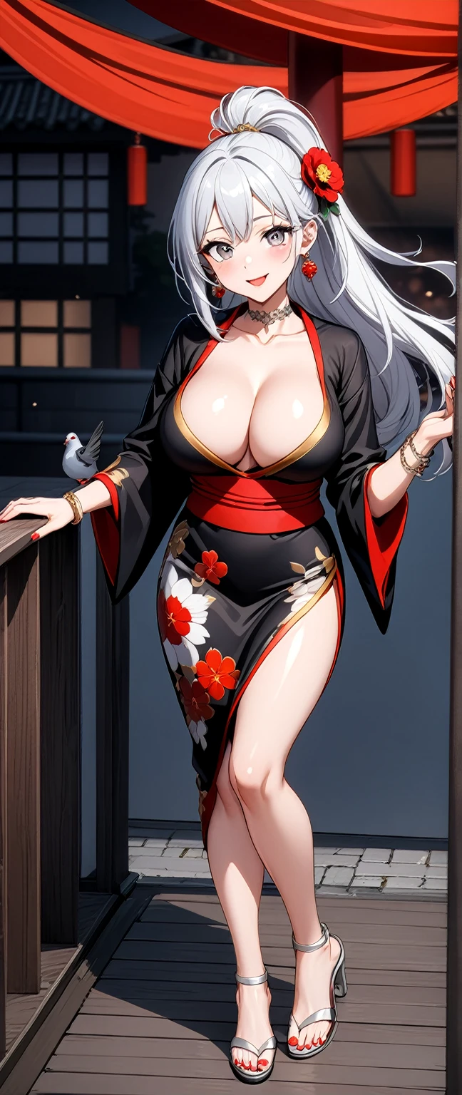 ((One personの女性)), Beautiful Face, full body, (Laughing embarrassedly), (laugh:1.2),((Wink:1.7)), (head tilt:1.3), Laugh with your mouth wide open, upper teeth, looking down at viewer, ((Bright red cheeks:1.4)),Glossy Red Lips,rooftop, firework, Glossy red lips, Shining Face, ((Anime style background)),masterpiece, Highest quality, so beautiful,up to date, Complex details, (Pink long nails),(ring),(bracelet),(Floral choker),AI-generated, Complex,High resolution, Highest quality, super high quality,3D Images、3D Images,One person,Long white hair,High Ponytail, Anime woman posing for a photo,(blue eyes), ((Fine grain、Silvery white, lightly pigmented eyes、Shining Eyes:1.4)), (Squint your eyes:1.1), beautiful detailed eyes, a hyperRealistic , hyperRealistic , Realistic,Anime woman with long white hair, Smooth anime CG art, A woman in a colorful kimono with gold embroidery, (Black long sleeve kimono),Red floral pattern,(black stiletto sandals), Long flower hair ornament,Earrings,Mature Body,(Big Breasts:1.1),Tall,Abdominal muscles,Tight waist, ((pigeon toed:1.4)), (front view),