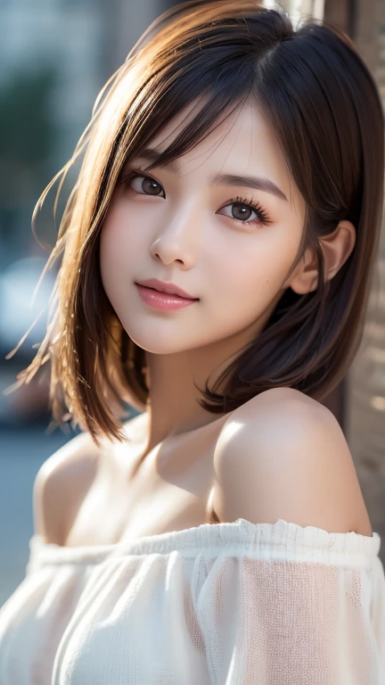 1 Girl, very cute, Great face and eyes, (Highly detailed beautiful face), (Ultra Realistic), (Highly detailed eyes, Highly detailed hair, Highly detailed face, Very detailed full lips), naked, (Off the shoulder), chest, Upper Body, smile:1.1, (Highest quality:1.4), RAW Photos, (Realistic, photo-Realistic:1.37), Professional photography, Cinematic Light, bob cut、Add light to your hair