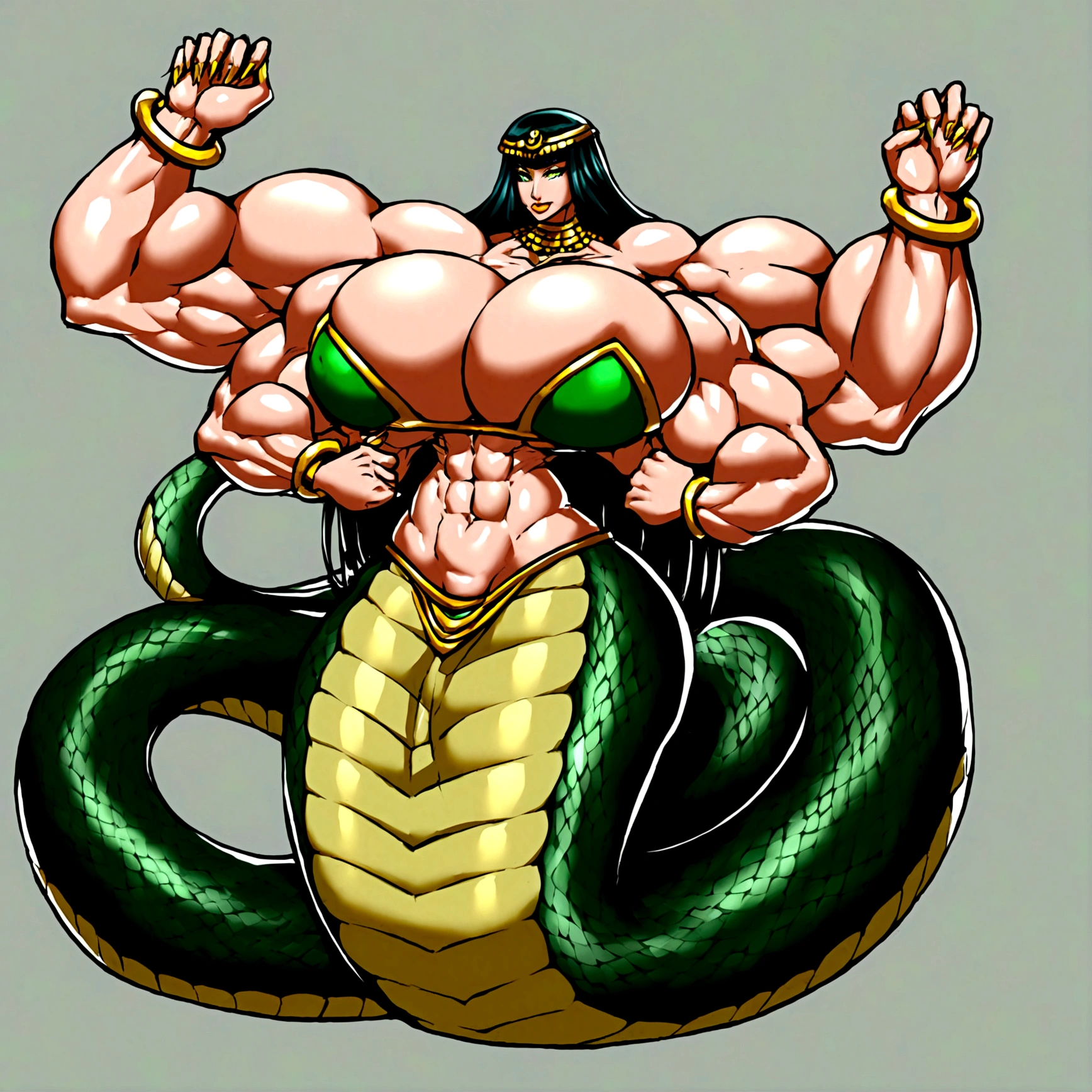 Lamia, long snake tail, cleopatra long hair, gigantic muscle, gigantic erect penis, big breasts, 6 arms, full body.