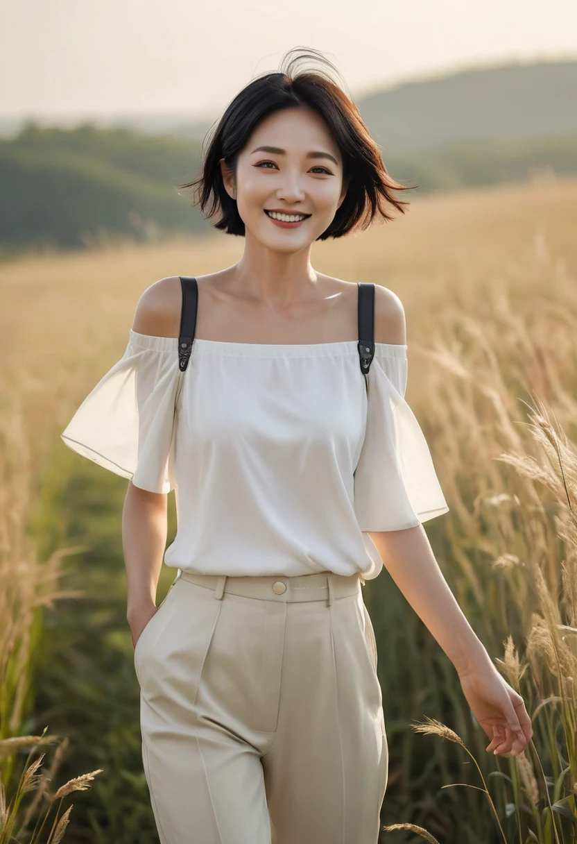 36 year old Korean woman, with short black hair, white leaky shoulder top, casual pants, take a walk in the field, happy smile, Short hair fluttering, elegant details, physical sky, gradient sunlight, uhd, best quality, masterpiece, high quality, Awards, textured skin