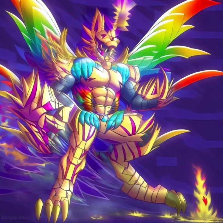 (masterpiece. official art. 8k. best quality. detailed full body. full body.)
(situation 1 : dominating The Phoenix Wolf. The Phoenix Wolf is over 1000 meters long. focus giant mechanical Muscular The Phoenix Wolf is trampling the car. Looking down.)
(situation 2 :smoke and flames rising from the destruction in the city)
(Additional details 1: Wearing golden Armor. Cape. Helmet. real texture material. whole body shines like metal. emphasizes the muscles. suit fully made of metal. Robotic suit. no face.).
(Additional details 1.5: The arms are golden. The lower half of the body is golden. The wolf-shaped helmet has sharp fangs. The whole body is golden. The chest area is also golden. There is a ring above the head.).
(Additional details 2: Detailed head. Detailed Body. Detailed abs. gigantic muscles. HYPER MUSCLES. Gigachad Muscular. big muscle. pecs. triceps. traps. unusually developed muscular body. body full of huge muscles. showing off muscles. pectorales enormes. Exaggeratedly huge muscles. huge muscles. long legs.).
(Additional details 3: Spread wings. It has wings. The claws are sharp. Sharp teeth.). He is laughing defiantly. The claws are sharp. Sharp teeth.).
(Additional details 3.5 : nj5furry, He is laughing defiantly. medieval armor.).